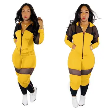 

Fall Sporting Two Piece Set Print Women Tracksuit Mesh See Though Splicing Hooded Zipper Sweatshirts Pants Suit