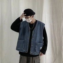 Осенний мужской джинсовый жилет Модный потертый Одноцветный Повседневный джинсовый жилет без рукавов мужской уличная хип-хоп Свободная куртка-бомбер