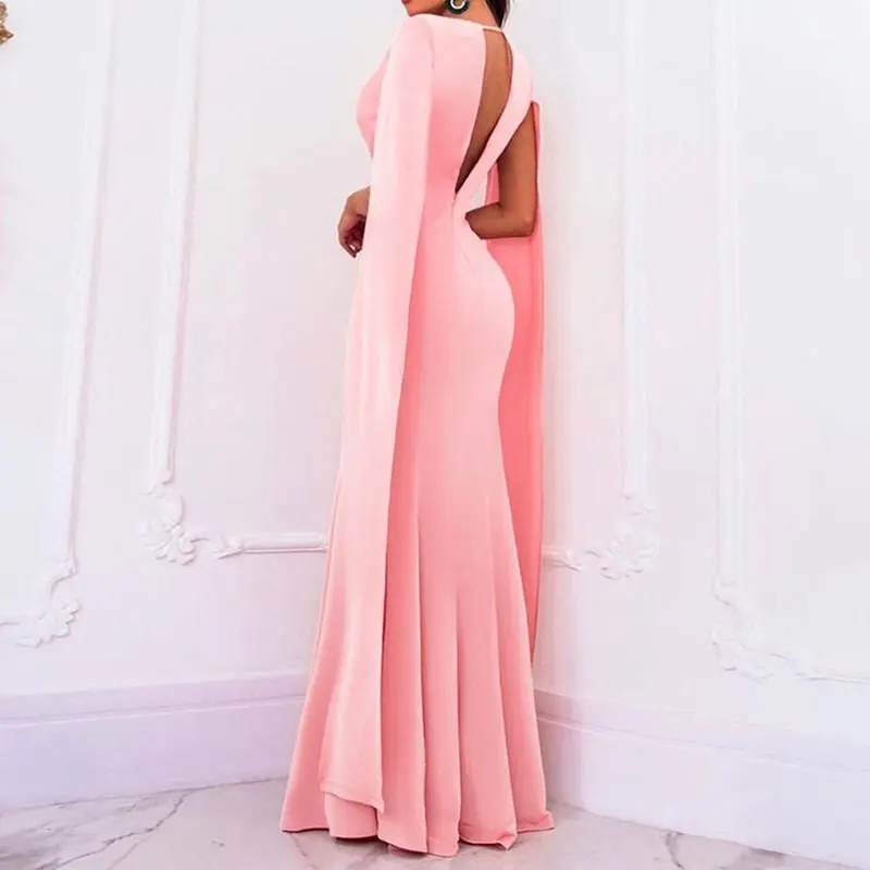 Роскошный плащ с длинными рукавами розового цвета, Длинные вечерние платья русалки Для женщин женские ужина или тонкое сексуальное платье с v-образным вырезом, открытая спина, платье макси, трумпе