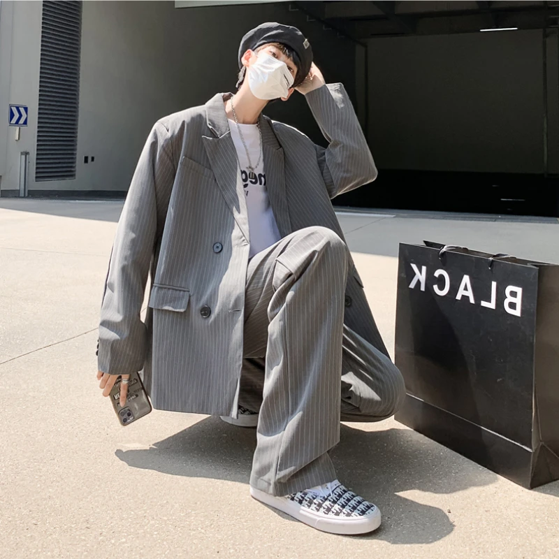 Striped Blazers Men Double Breasted Handsome Males High Quality Trendy Korean Loose Vintage Streetwear Suit's Tops Autumn Coats