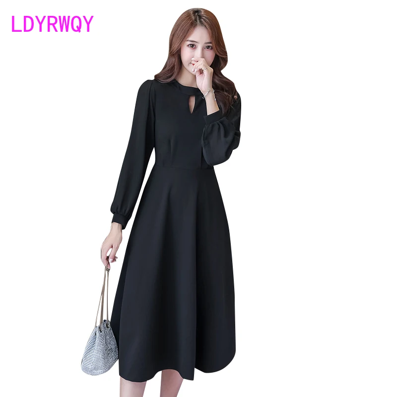 2019 autumn new black slim dress Knee-Length  V-Neck  Zippers  Full  Solid  Sheath  Office Lady  Polyester