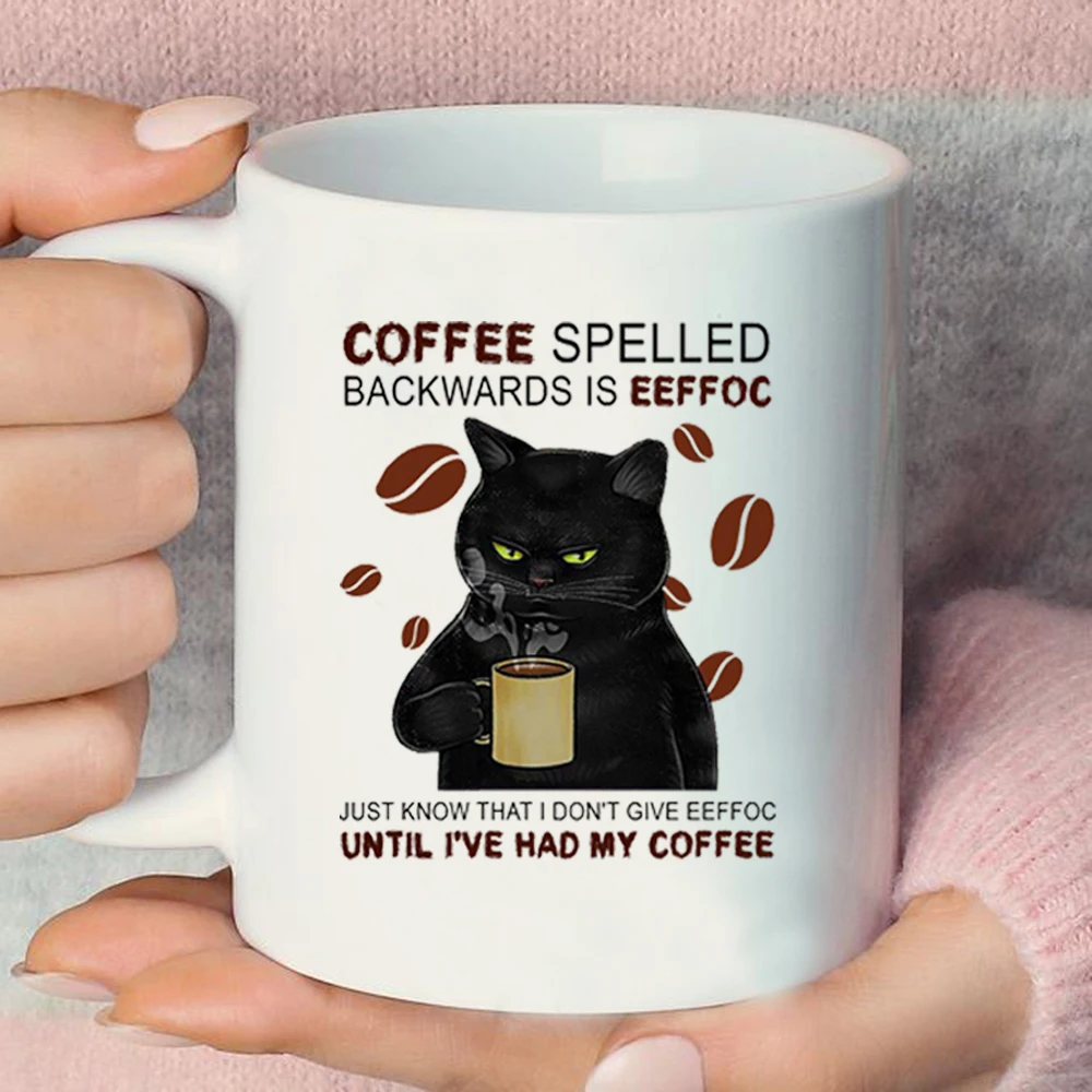 Black cat spelled backwards is eeffog funny cat drink coffee mug 