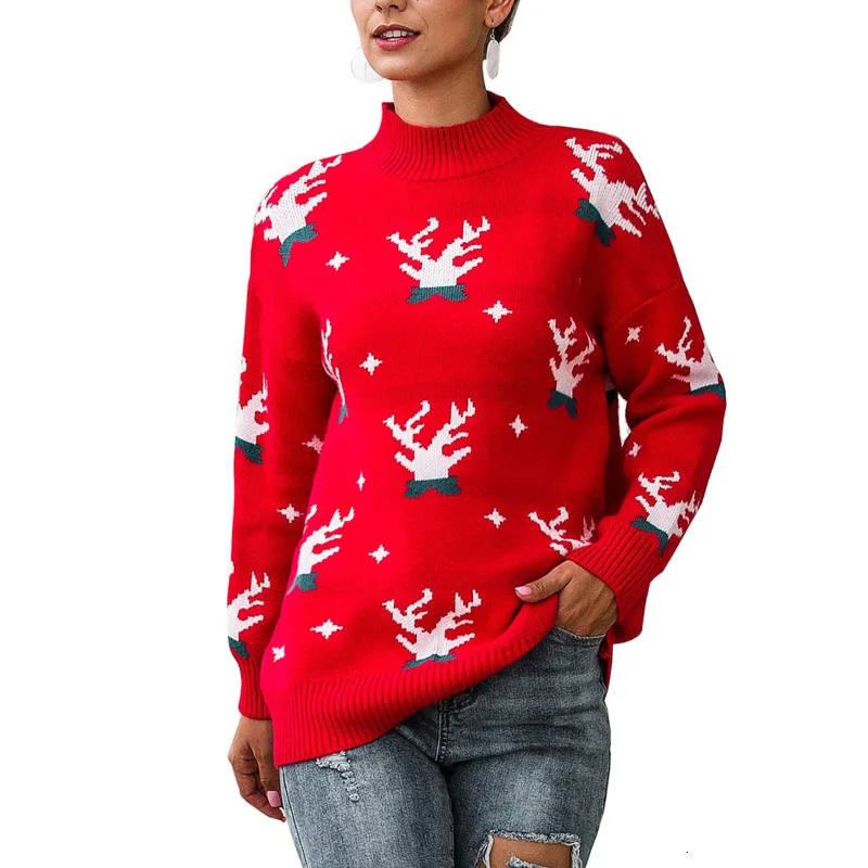

Red Christmas Sweater Women With Deer Print Autumn Winter Half Turtleneck Long Sleeved Round Neck Pullover Pull Femme Hiver