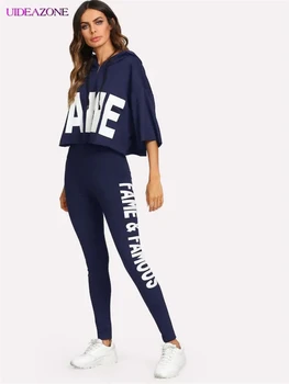 

UIDEAZONE FAME Print Women Casual Sports Set 2019 Autumn Cropped Hoodies + long Skinny Pants Women Tracksuit Sport Set