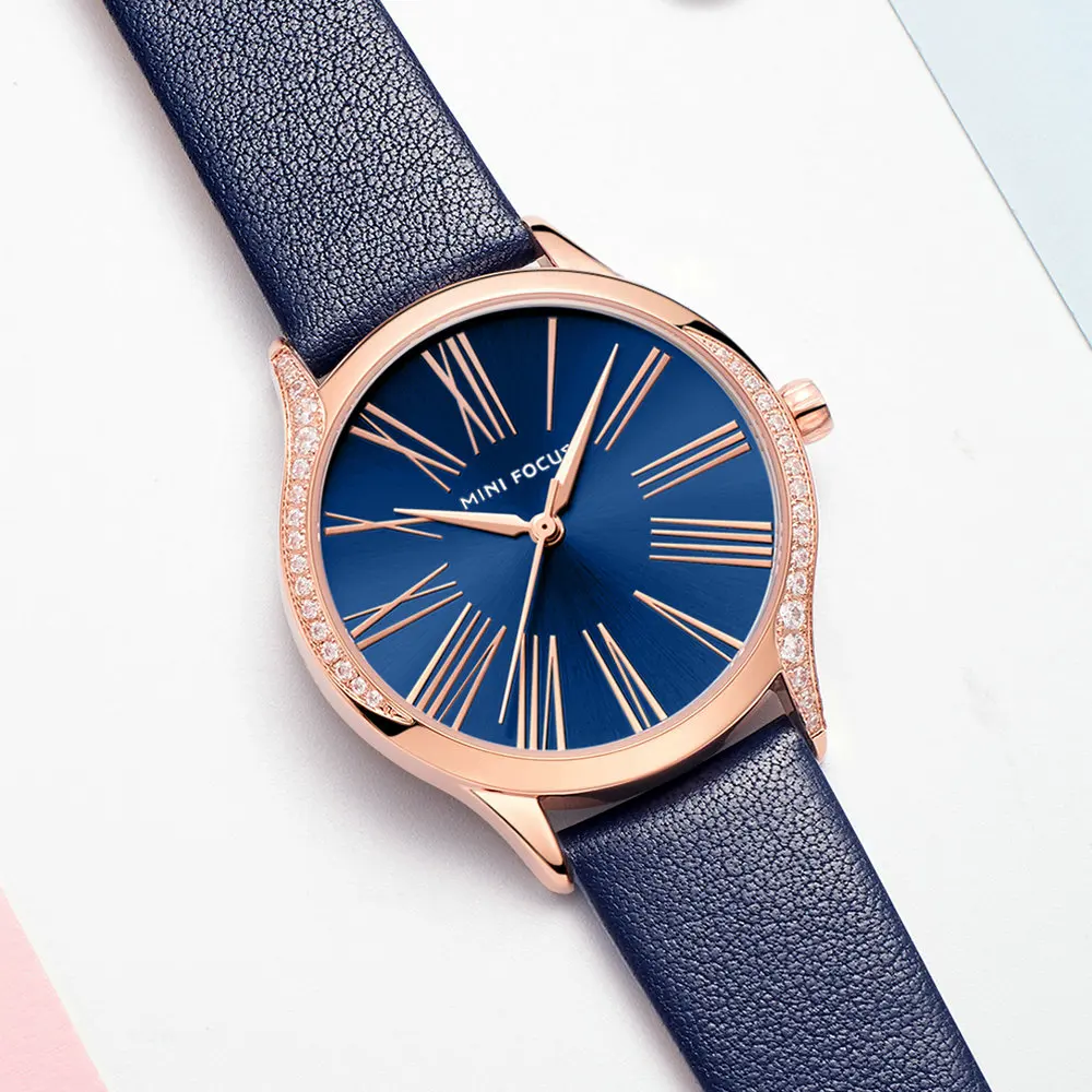 

MINIFOCUS Classic Elegant Blue Leather Women Watches Iced Out Quartz Ladies Watch Waterproof Simple Design Fashion Female Clock