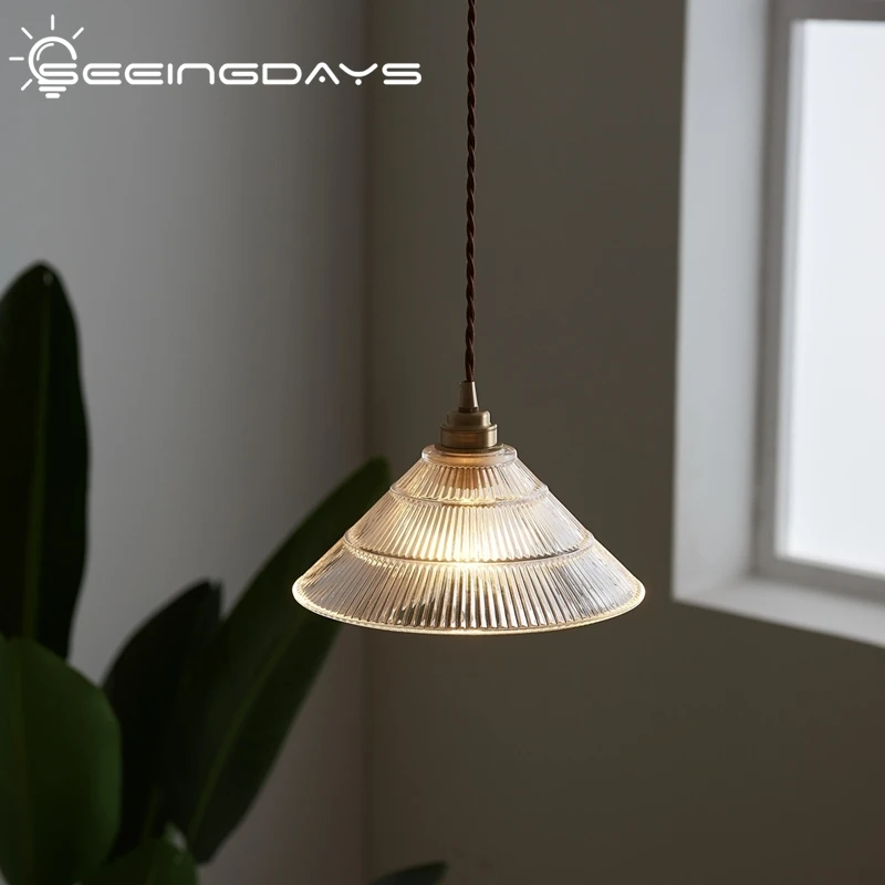 

2021 Nordic Simple Glass Pendant Lights Dining-Room Lamp Japanese Retro Brass Bar Corridor Balcony Bed Breakfast Pendant Lamps