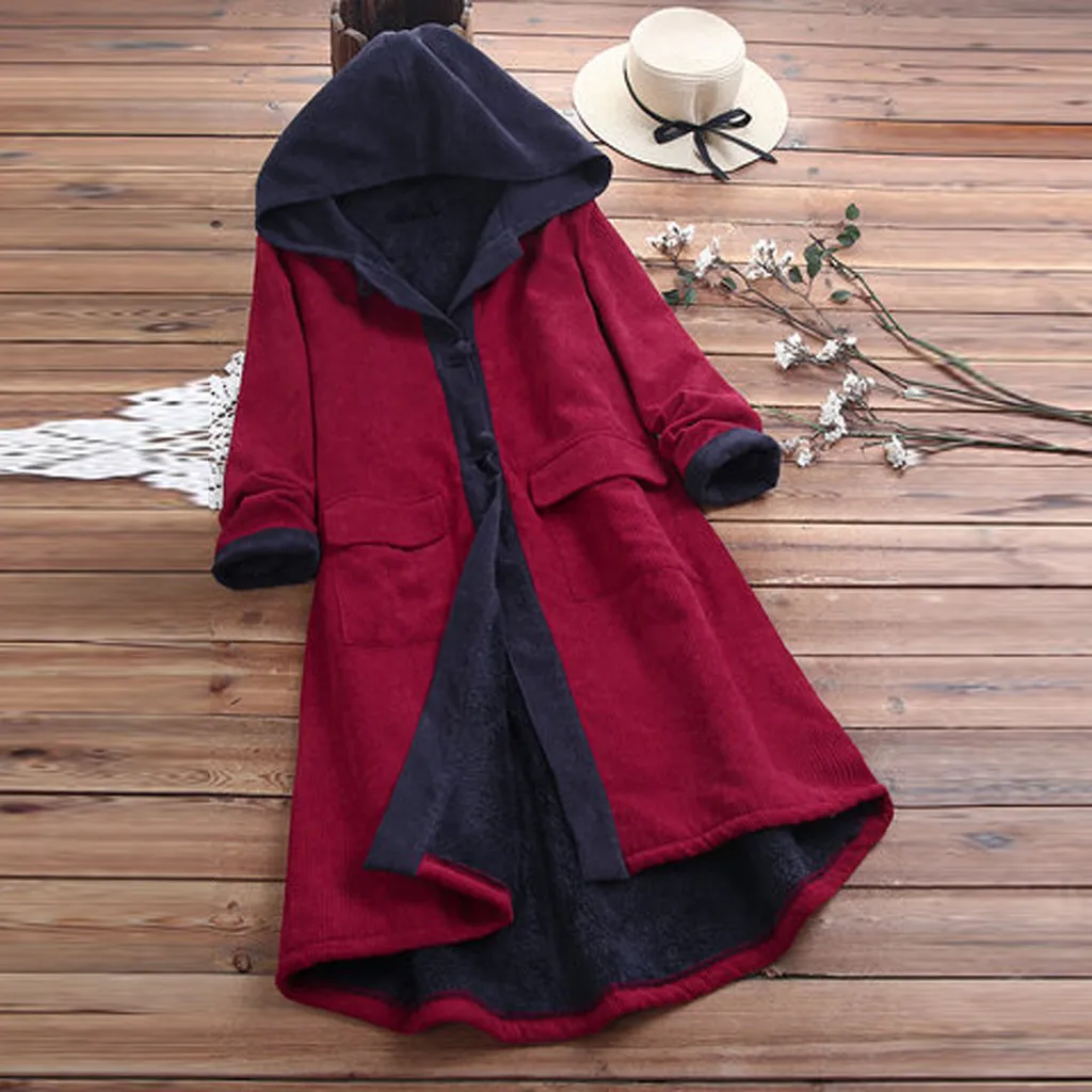 Jaycosin Fashion Women Casual Winter Vintage Patch Hooded Coat Stylish Long Sleeve Comfortable Fleece Corduroy Long Coat 30#4
