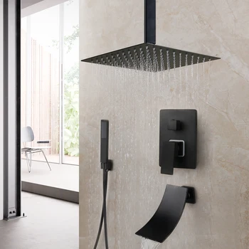 Matte Black Bathroom Rainfall Shower Set with LED