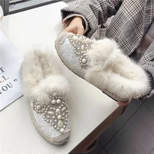 Роскошные женские эспадрильи на меху, украшенные жемчужинами; пикантные кружевные туфли на плоской подошве; Украшенные стразами; женские теплые зимние туфли; Плюшевые мокасины; c62