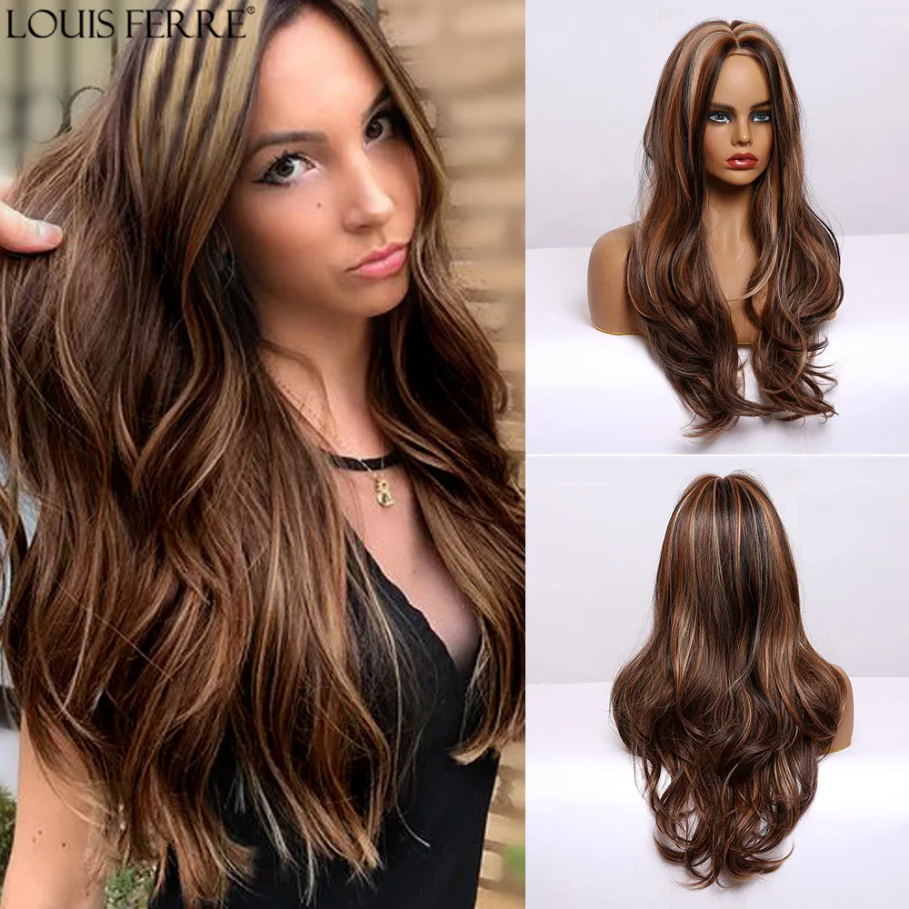 

LOUIS FERRE Long Natural Wave Black Brown And Blonde Highlight Wig Middle Part Cosplay High-Temperature Synthetic Wigs for Women