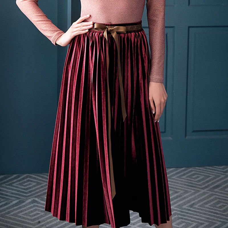 Новинка, осенне-зимняя плиссированная юбка, Женская эластичная Вельветовая длинная юбка с высокой талией, Женские винтажные элегантные юбки размера плюс