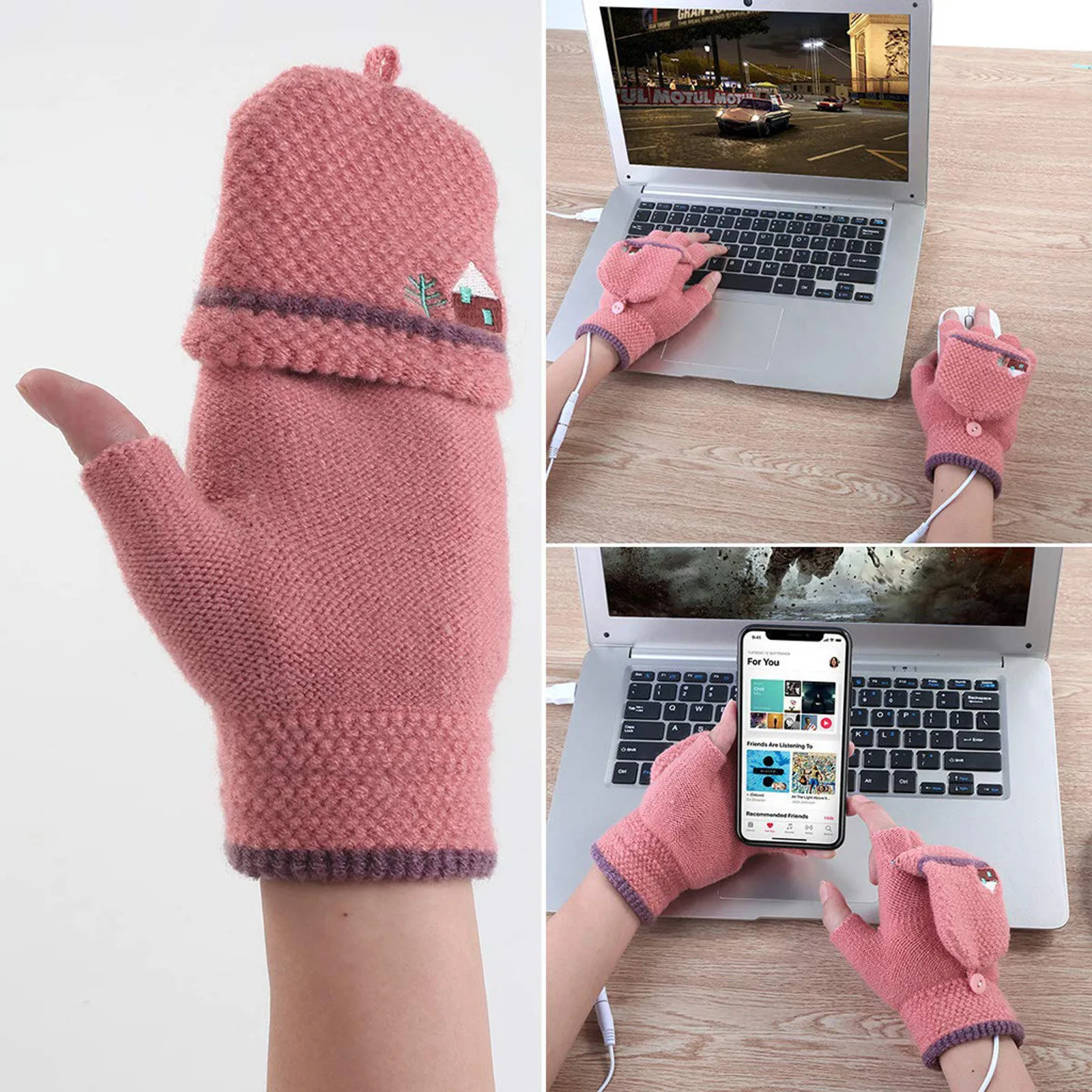 2020 New Laptop Women Men USB Heated Mitten Full&Half Finger Winter Warm Knit Hand Gloves