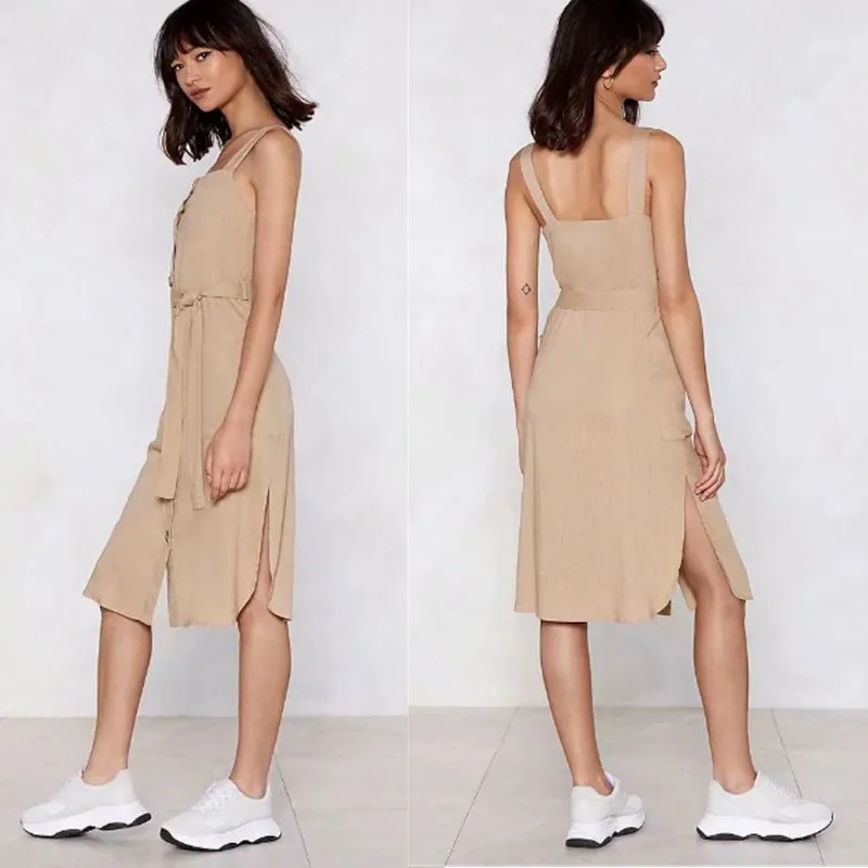

Europe And America 2019 Spring New Style Slim Fit Versatile Camisole Lace-up Slit Solid Color Single-Breasted Dress Short Skirt