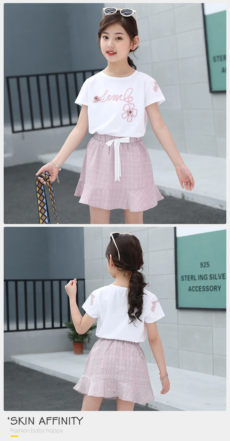 Kids Clothes Outfits Summer Short Sleeve T Shirt And Plain Skirt Cotton 2PCS Girl Set
