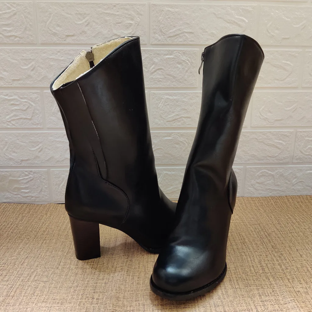 Зимние сапоги; женские модные однотонные ботинки из искусственной кожи с круглым носком на молнии и квадратном каблуке; повседневные винтажные женские ботинки; botas feminina