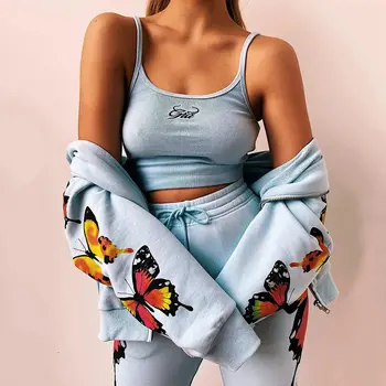 

Streetwear Butterfly Print Tracksuit Women Sweatpants Two Piece Set Zipper Hoodie and Pants Matching Sets Outfits New