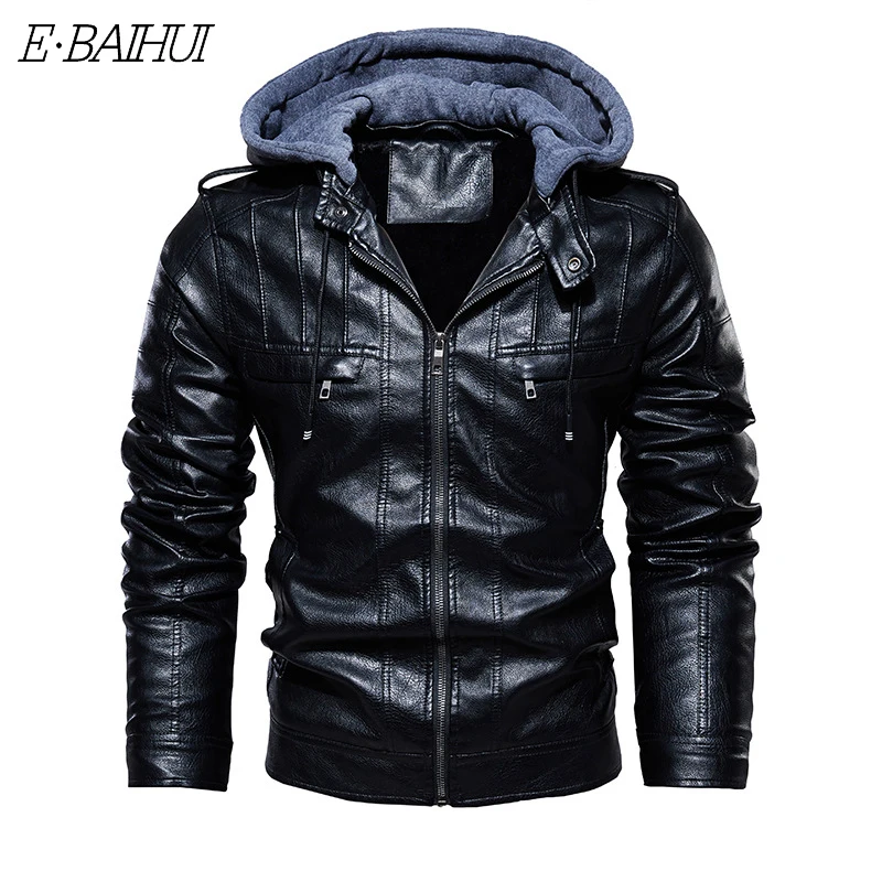

E-BAIHUI Mens Jacket PU Leather Jacket Men Hooded Coat Fur Lined Motorcycle Jacket Fashion Coat Autumn Winter Coat Plus Size 5XL