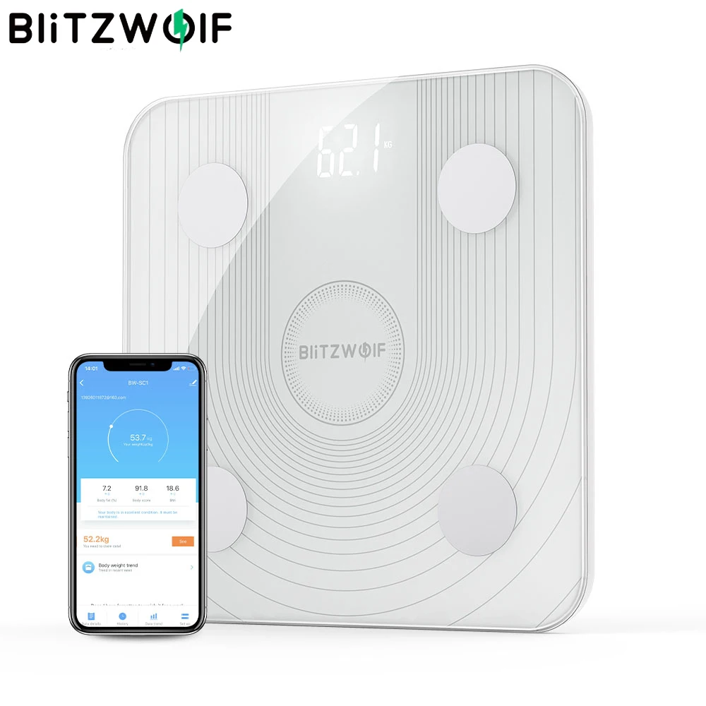 BlitzWolf BW-SC1 светодиодный дисплей Wi-Fi умная шкала жира для тела приложение контроль ИМТ анализ данных с 13 метриками тела цифровые весы