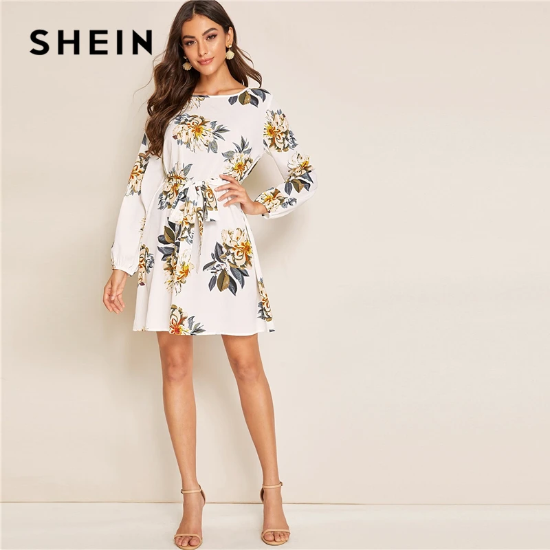 SHEIN белое платье с цветочным принтом и вырезом на спине, с поясом, женское осеннее однотонное платье с круглым вырезом и длинными рукавами, туника, короткие платья в стиле бохо