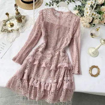 

Autumn Ladies Urban Crochet Hollow Out Stitching Lace Knee-length Long Sleeves Dress Women Casual Cascading Slim A-line Dress