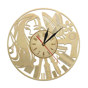 

Beauty Salon Barber Shop Natural Wood Wall Clock Creative Design Fashion Girl Timepieces Quartz Movement Wooden Wall Decor Clock