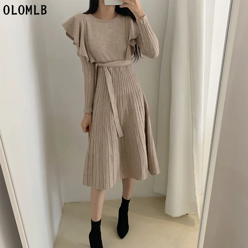 

One-Piece Knitted Dress Women's Korean Ruffle Waist Sweater Dresses 2020 Autumn Winter Knit Dress Midi Dress Lady Vestidos Woman