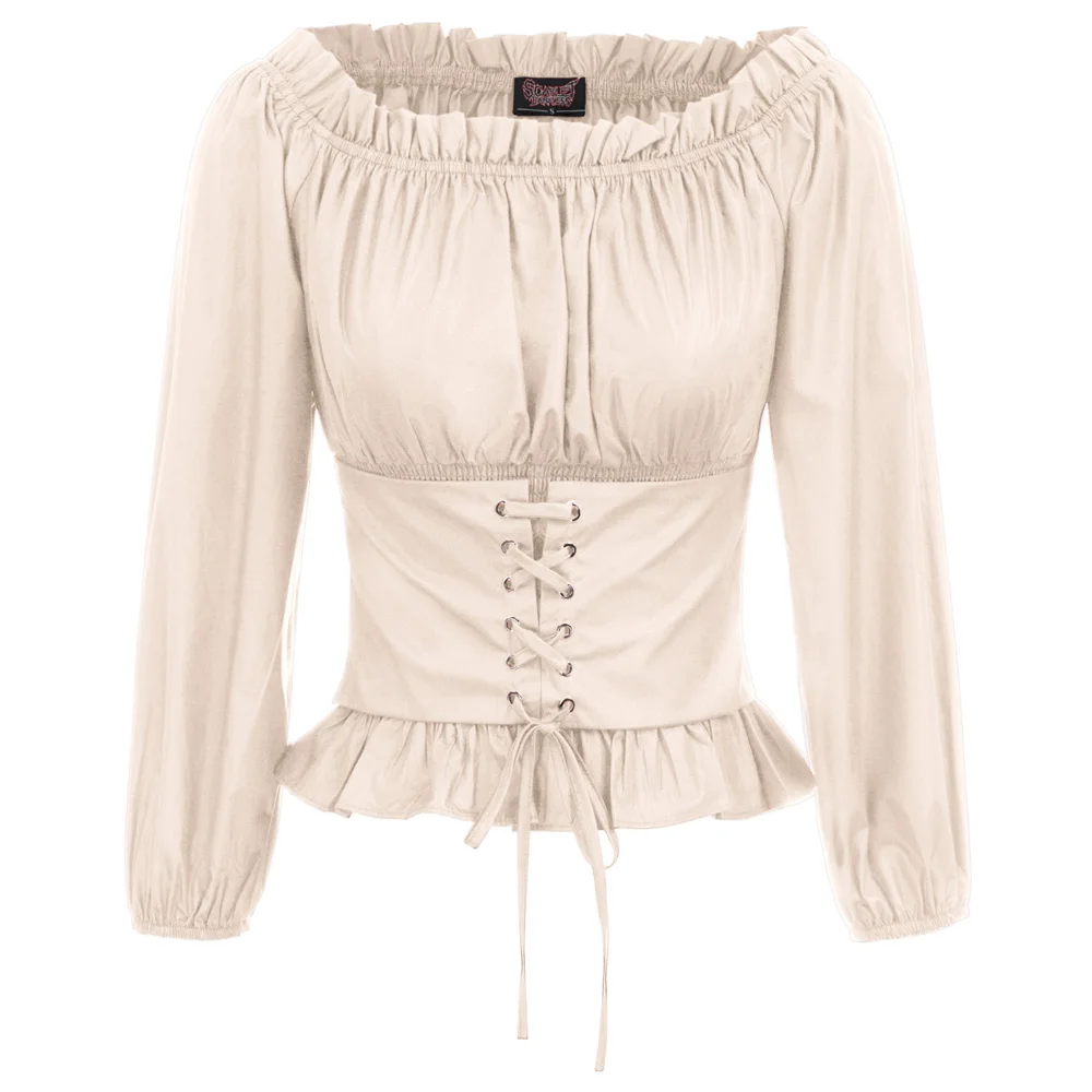 Винтажная рубашка женская готическая блузка женская Ренессанс однотонная элегантная стимпанк тонкая с открытыми плечами рубашка-корсет blusa gotica - Цвет: Linen