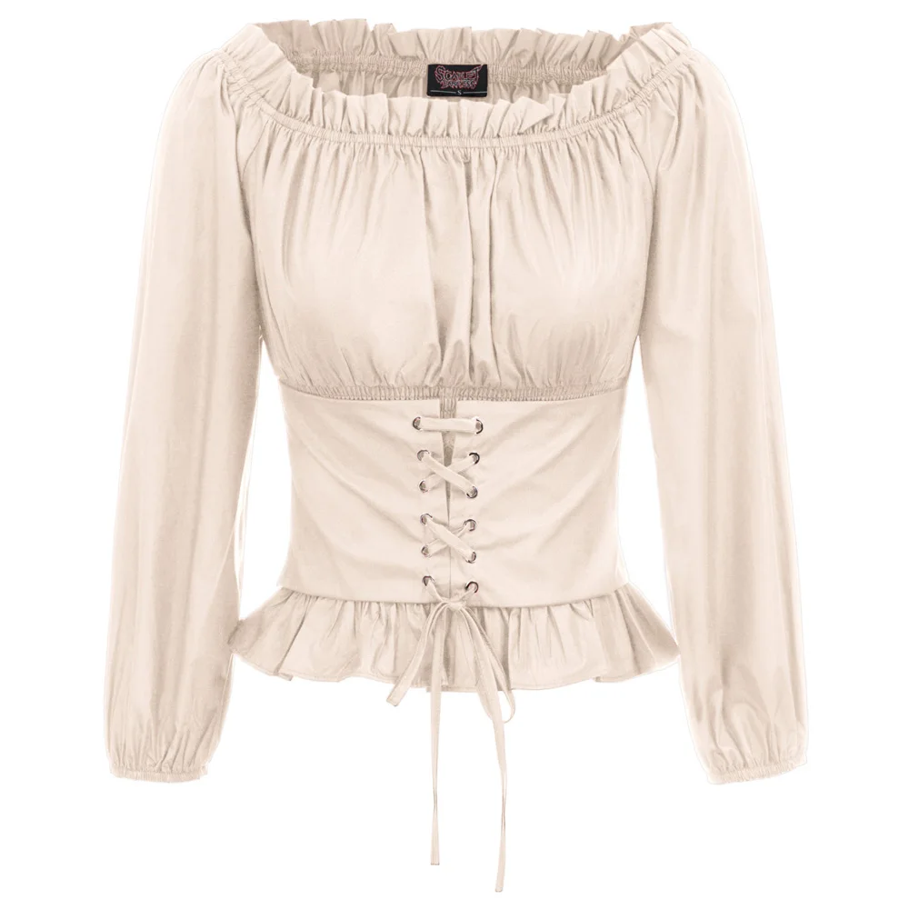 Linen Винтажная рубашка женская готическая блузка женская Ренессанс однотонная элегантная стимпанк тонкая с открытыми плечами рубашка-корсет blusa gotica - Цвет: Linen