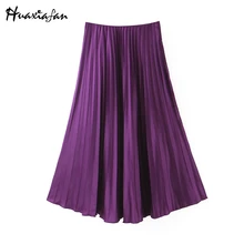 Huaxiafan, высокая талия, Женская плиссированная юбка, а-силуэт, весна, новинка, женские миди юбки, элегантные, для работы, офиса, женские юбки, уличная одежда
