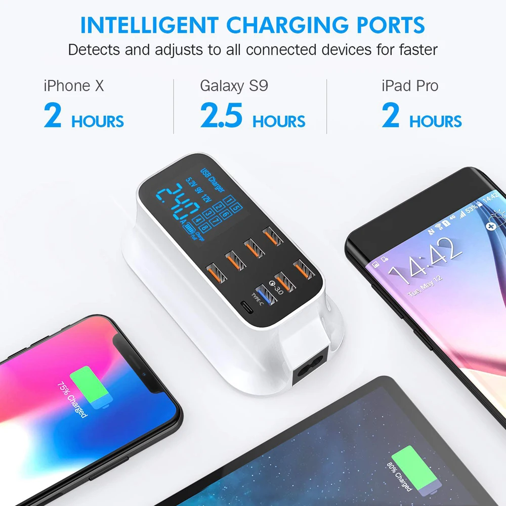 QC 3,0 8 портов USB зарядное устройство концентратор быстрое зарядное устройство светодиодный дисплей мульти док-станция для зарядки с USB держателем подставка мобильный телефон Настольный дом