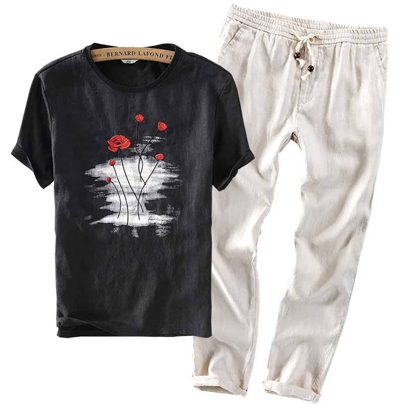 Popular 2019 Sinicism Fashion Men's summer cotton linen movement suits/Male slim embroidery Leisure T-shirt+Pants/two-piece Tops S-3XL