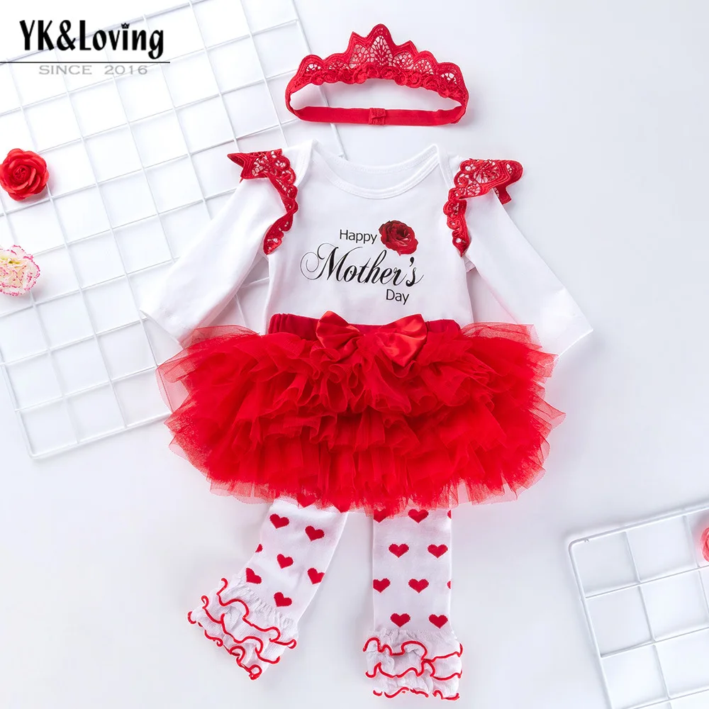 

2019 MOTHER'S Day New Style Childrenswear Infant Long Sleeve Wing Romper Red Six-layer Skirt Four-piece Set