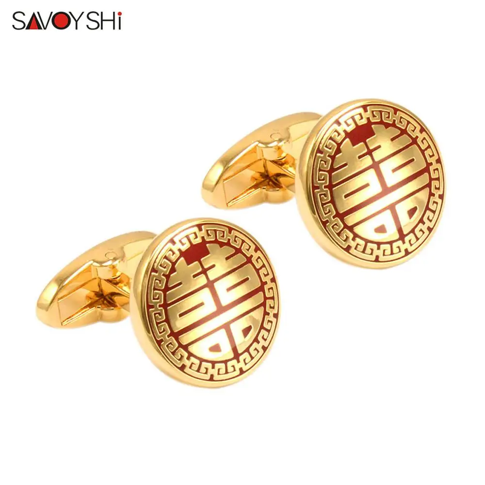

SAVOYSHI Gold color Cufflinks for Mens Shirt Cuff buttons Red Enamel Cuff links Grooms Wedding Gift Jewelry Free engraving name