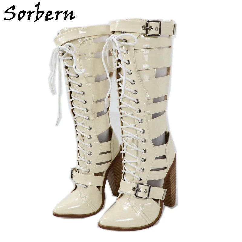 

Sorbern Beige Patent Summer Boots Block Heels Pointed Toe Knee High Lace Up Front Custom Wide Or Slim Fit Legs Boots Punk Styles