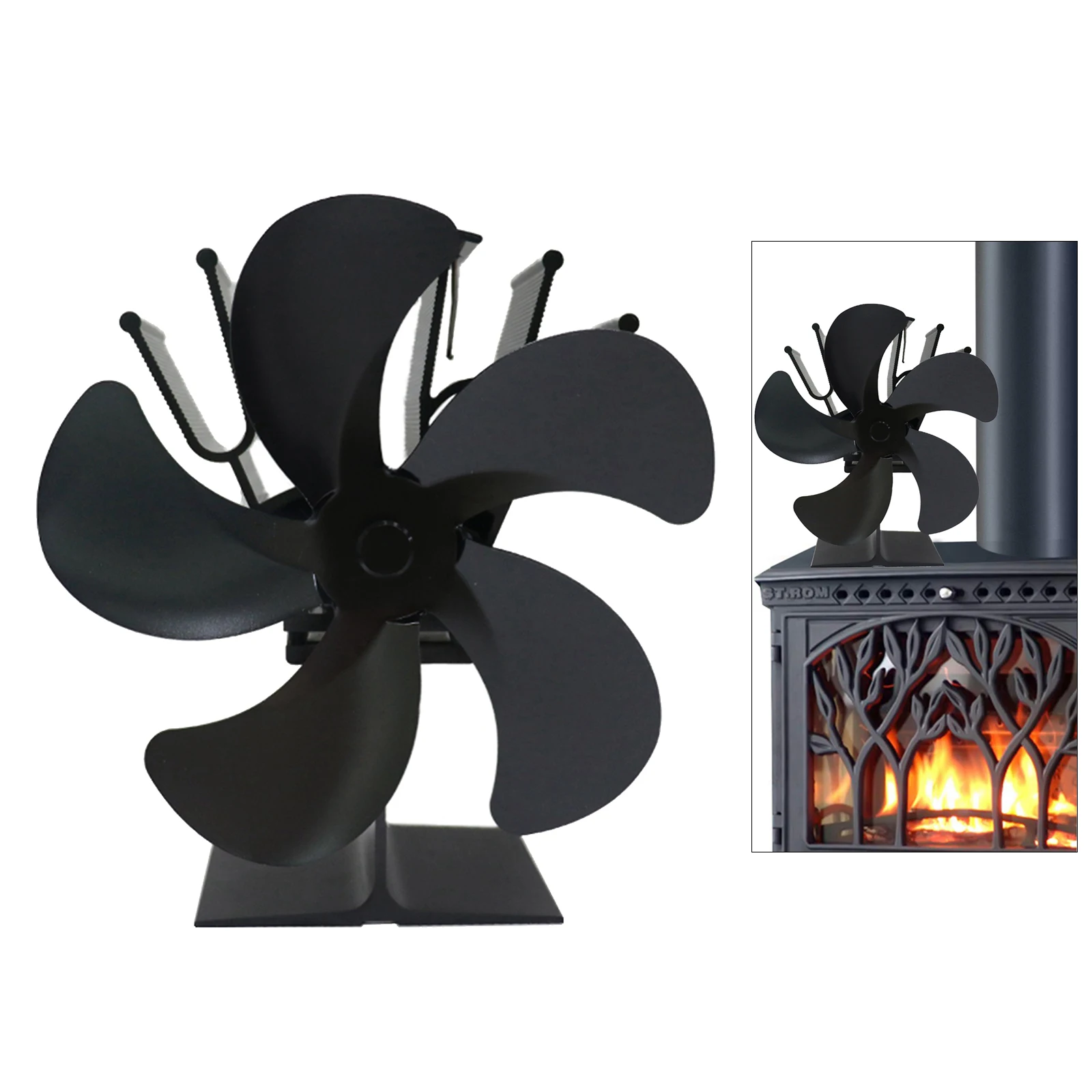 Black Fireplace 5 Blade Heat Powered Stove Fan Log Wood Burner Eco Friendly Quiet Fan Home Efficient Heat Distribution