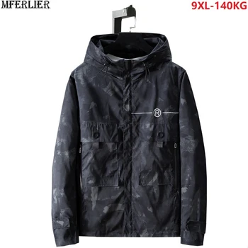 

autumn men jackets Camouflage pockets large size big 6XL 7XL 8XL 9XL man out door Windbreaker jacket hooded Windproof coat black