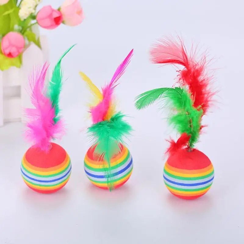 Cat Interactive Toy Funny Rainbow Toy Balls with Feather Cat Toys Play Chew Kitten  Cat Teaser Toy Pet Supplies Training Toys