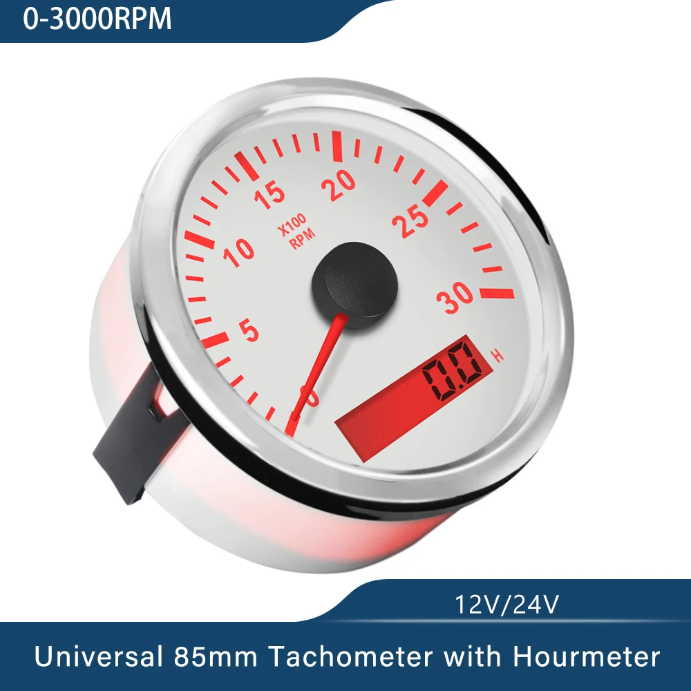 New 85mm Tachometer RPM REV Counter 3K 4K 6K 7K 8K RPM with LED Hourmeter Car Truck Boat Universal Outboard Red Backlight