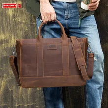 Мужской деловой портфель из натуральной кожи, мужская сумка, Crazy horse, кожаная сумка для компьютера 15,6 дюймов, мужские сумки через плечо