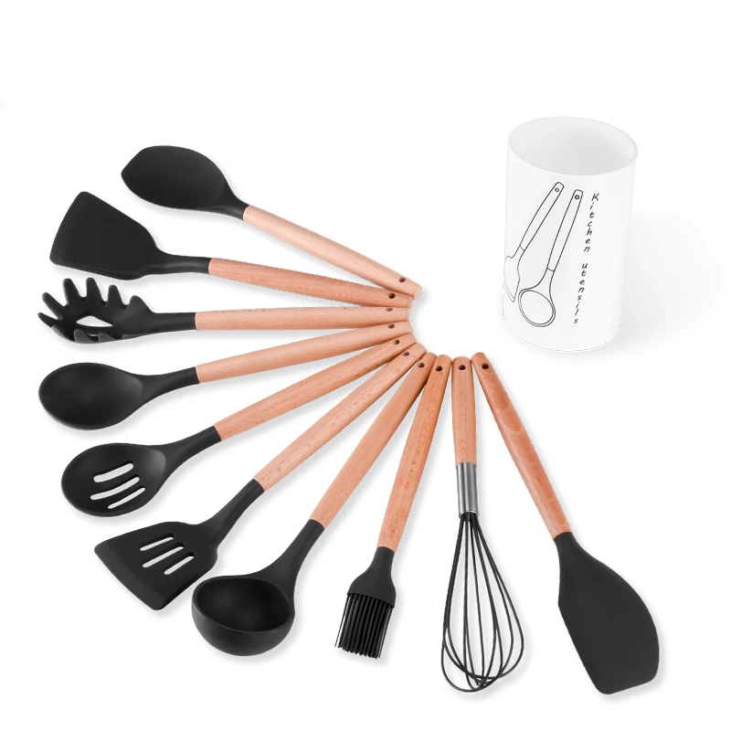 

Premium Silicone Kitchen Utensils 10-Piece Cooking Utensils Set with Bamboo Wood Handles for Nonstick Cookware