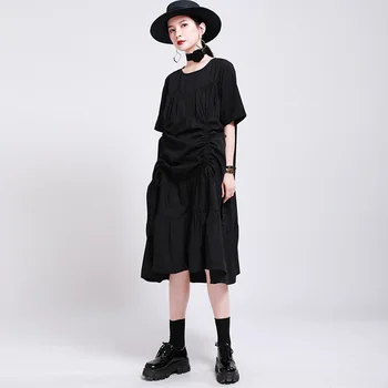 

Shirt Dress 2020 Summer New Drawstring Pleated Short-Height French Shirt Medium-Length Dress Loose Round Neck Expandable