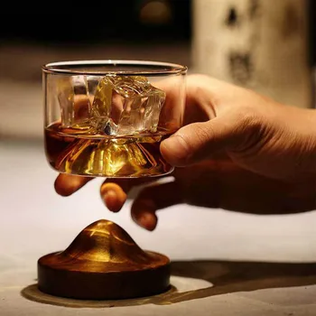 

Glass Whisky Wine Cups with Wood Base Beer Red Wine Tasting Cup Drinkware Mountain Shap Juice Cup Transparent Home Bar Drink Set