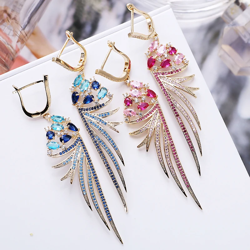 11.11 Luxury Feather Earrings Cubic Zirconia Long Earrings Copper Metal Rhodium Platting Women Wedding Party Jewelry XIUMEIYIZU