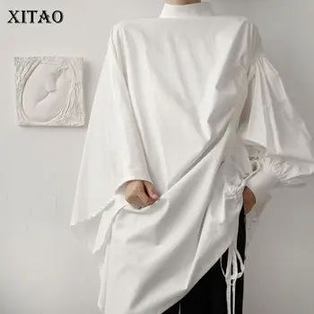 

XITAO Drawstring White Blouse Irregular Women Minority Plus Size Pleated Small Fresh 2020 Autumn Full Sleeve Shirt DZL1505