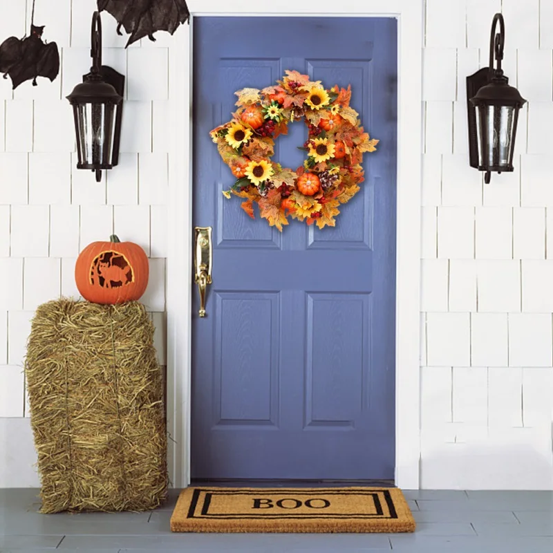 Autumn Artificial Maple Leaf Front Door Wreath Seasonal Home Decor For Window Wall Sunflowers Pumpkins Berries And Pine Cone