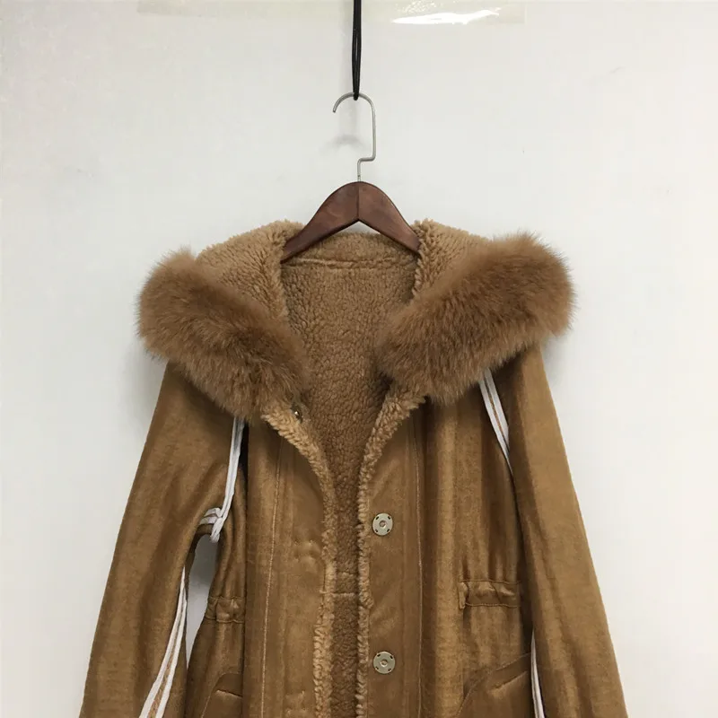Леди 's Роскошный Ретро стиль натуральная шерсть лисий мех длинное Коричневое Пальто с капюшоном