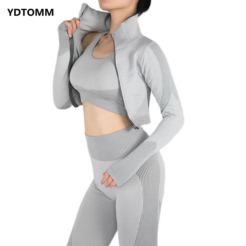 3Pcs Crop Tops Bra Leggings Pants Sets Seamless Fitness Long Sleeve Sports Elastic High Waist Pants Women Clothes Dropshipping 3pcs stainless steel whistles coaches referee sports whistles with lanyard loud crisp sound portable outdoor training whistle fo