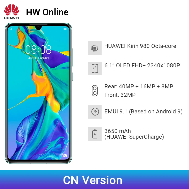 Huawei P30 6GB ram 128GB rom смартфон Kirin 980 Восьмиядерный мобильный телефон 6," экран 40MP 4 камеры Android 9 NFC супер зарядка