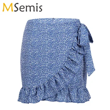 

Women High Waist Vintage Casual Irregular Floral Print Falbala Skirts Summer Streetwear Zipper Lace-Up Wrap Ruffle Miniskirt