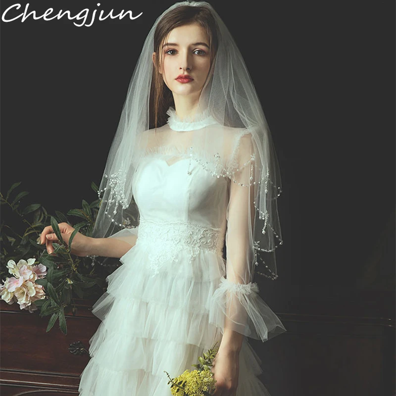 Chengjun мягкая фатиновая двухслойная фата из бисера Новая свадебная вуаль